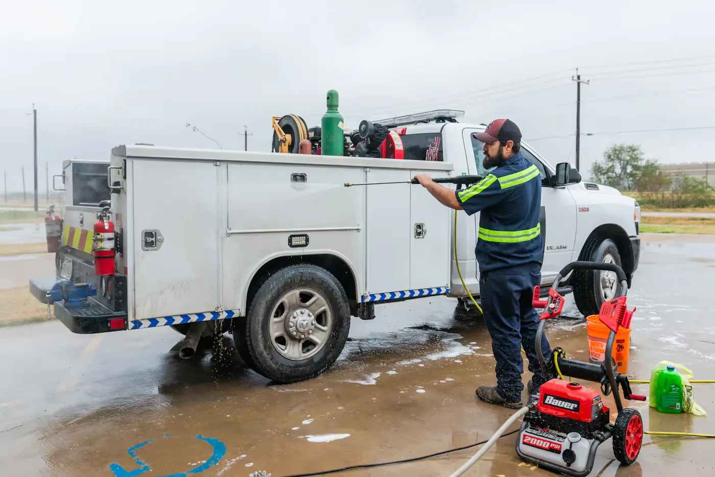 Mobile service truck with a technician working on site